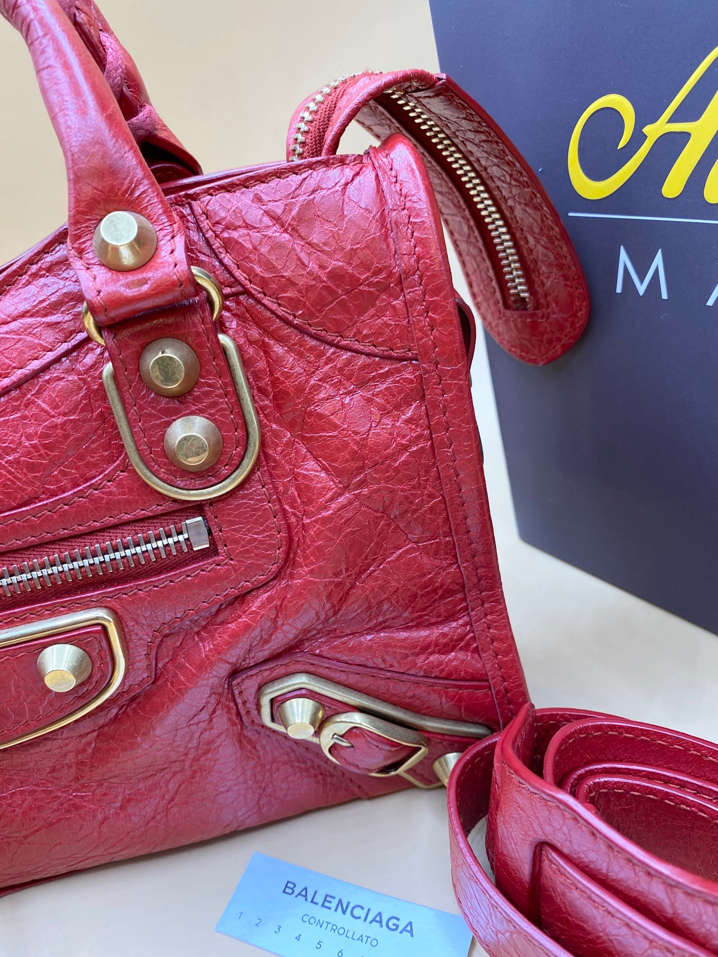 BALENCIAGA MINI CITY METALLIC EDGE—RED/GHW