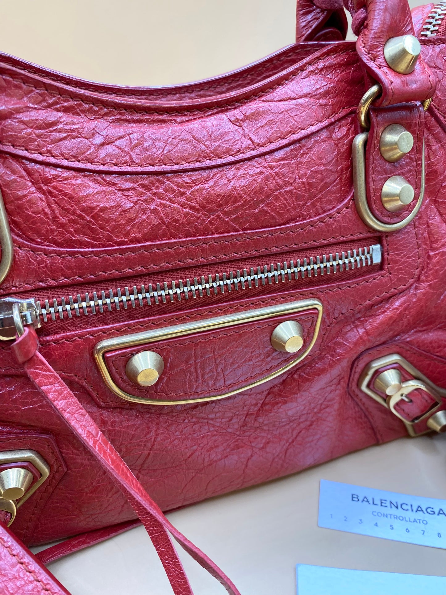 BALENCIAGA MINI CITY METALLIC EDGE—RED/GHW