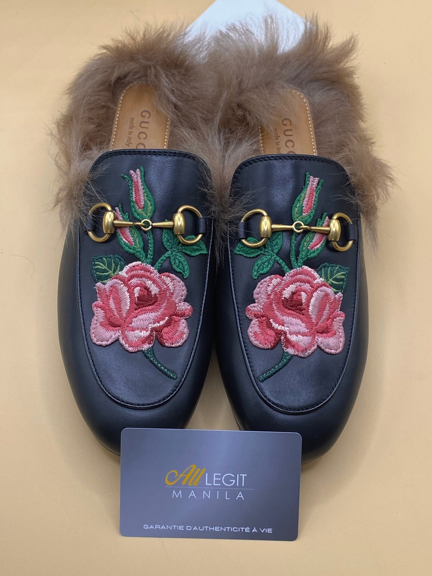 GUCCI FLORAL PRINCETOWN MULES w/FUR S35—BLACK