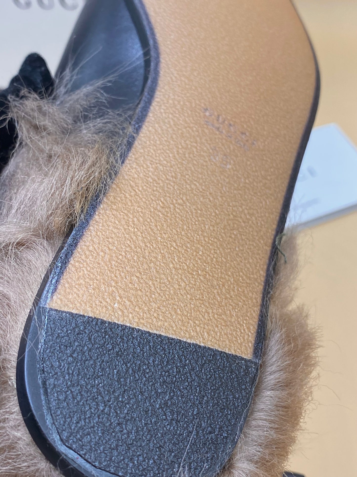 GUCCI FLORAL PRINCETOWN MULES w/FUR S35—BLACK