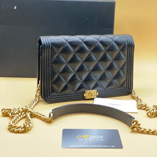 CHANEL BOY CAVIAR WALLET ON CHAIN—BLACK GHW S28