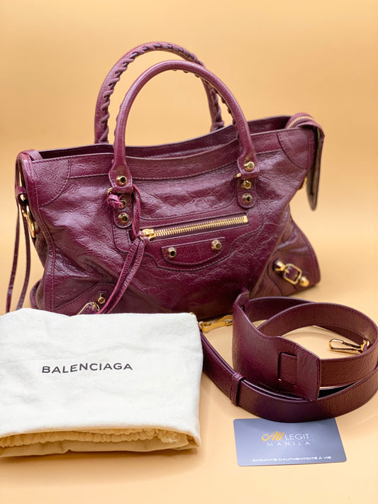 BALENCIAGA SMALL CLASSIC CITY LAMBSKIN—RAISIN GIANT 12 ghw