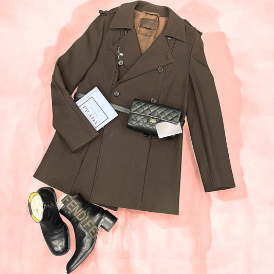 PRADA WOOL MEDIUM OVERCOAT—CHOCOLATE BROWN