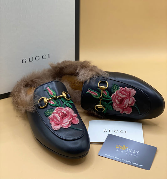 GUCCI FLORAL PRINCETOWN MULES w/FUR S35—BLACK